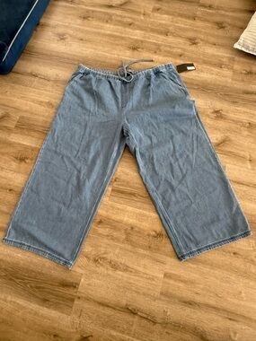 Wide-Leg Pull-On Denim Pants - Light Blue